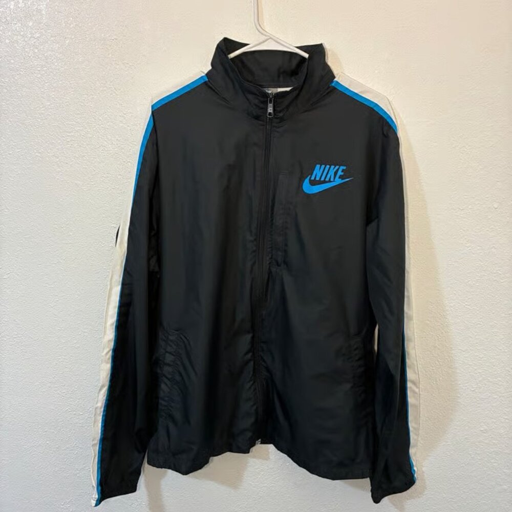 Vintage Nike Jacket Mens Size Large Black Blue Windbreaker Striped Full Zip